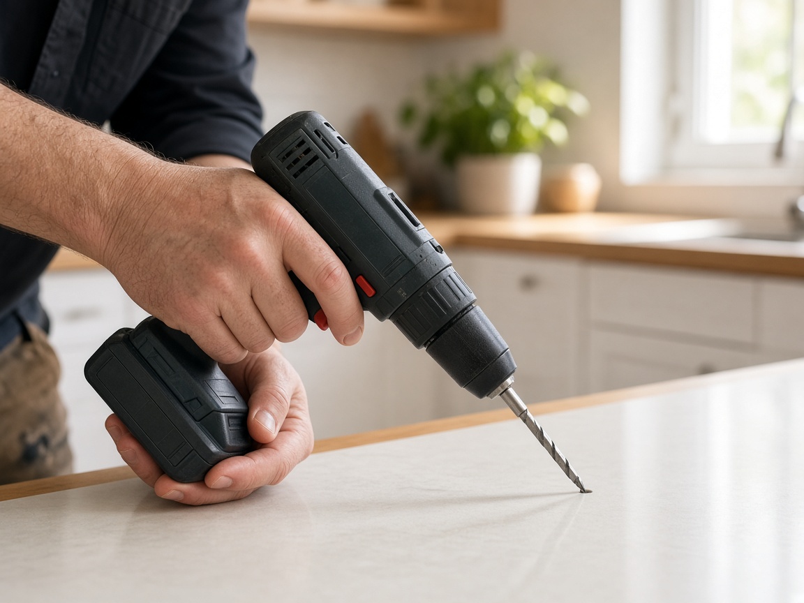 Cordless drill ready for a Crestline interior repair visit in a bright kitchen